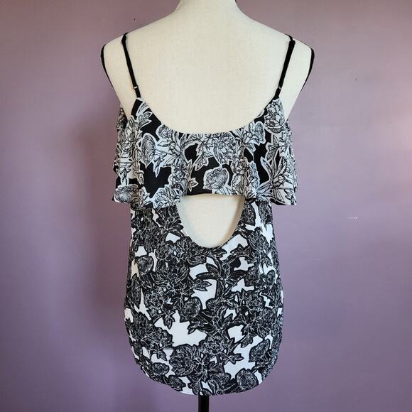 Express Black & White Floral Chiffon Ruffle Flounce Open Back Camisole Blouse - Picture 11 of 16